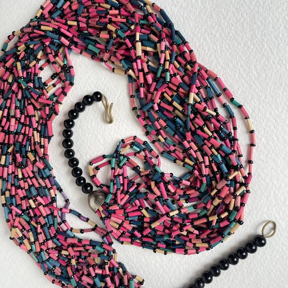 Hippy Boho Vintage Multi Strand Bamboo Bugle Bead Ethnic Statement Necklace Wood - Picture 3 of 4